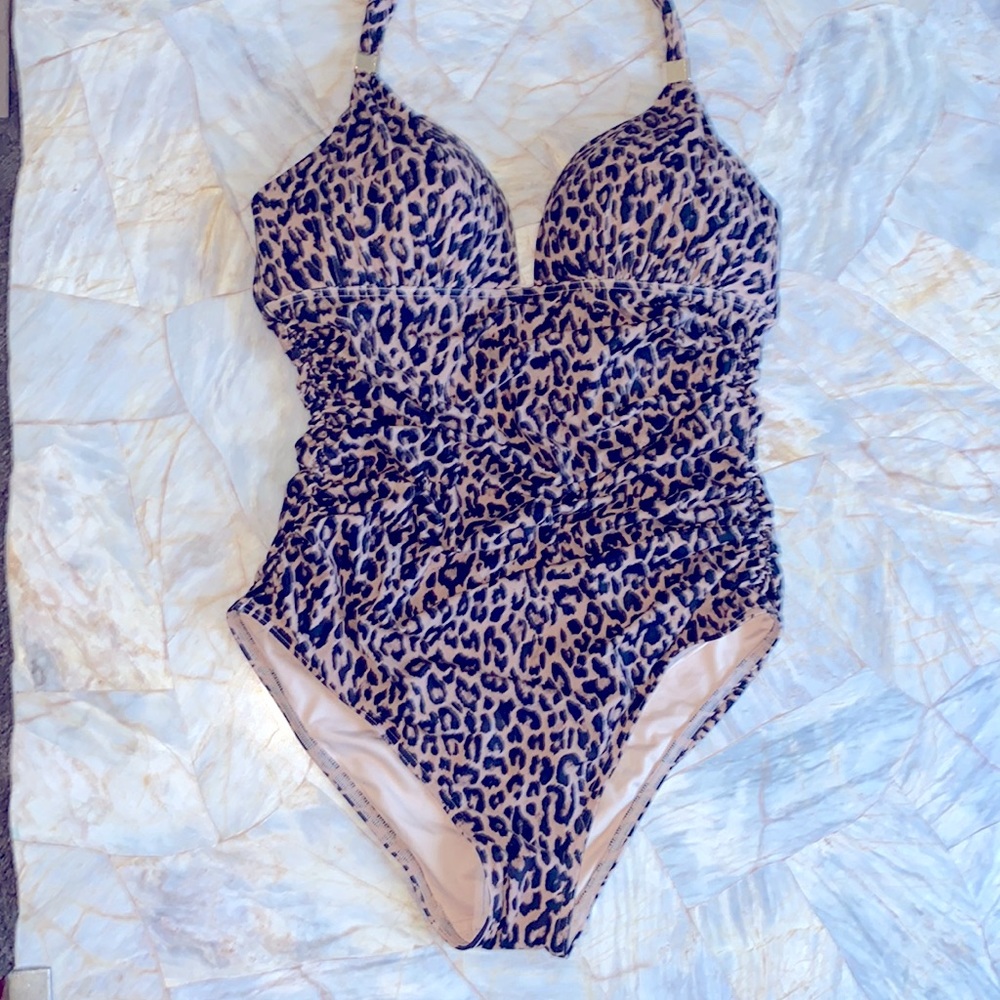 New‎ Victoria's Secret Forever One Piece Swim Suit Ruched Halter Leopard XL